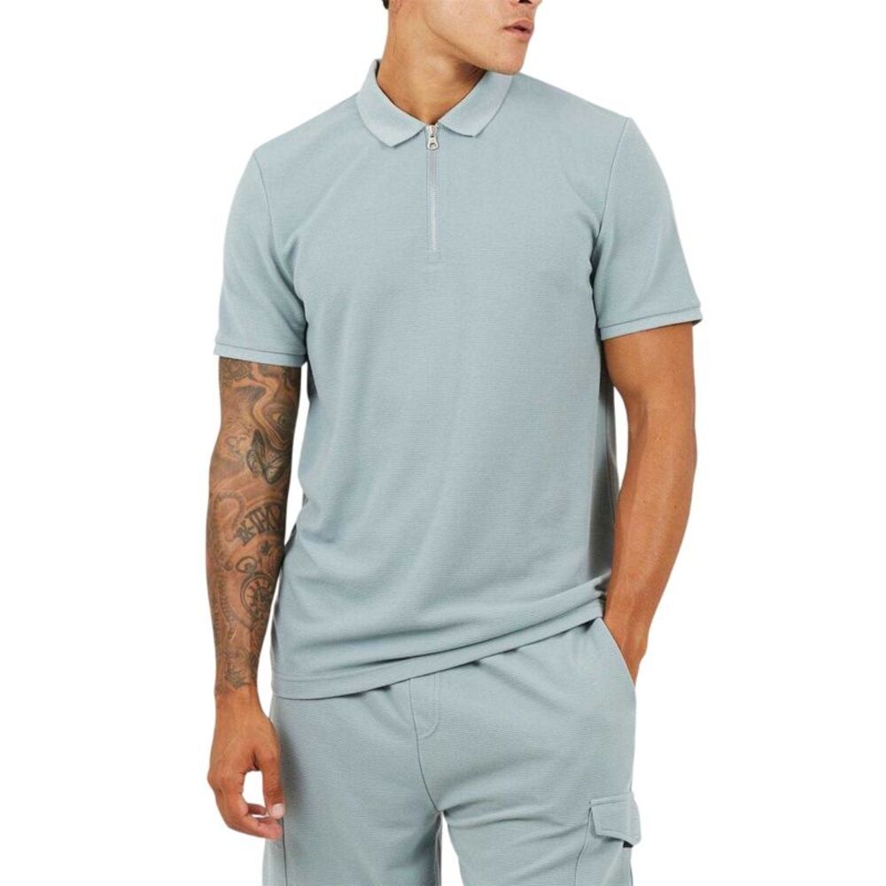 Brave Soul Mens Ribbed Quarter Zip Short-Sleeved Polo Shirt / Duck Egg Blue